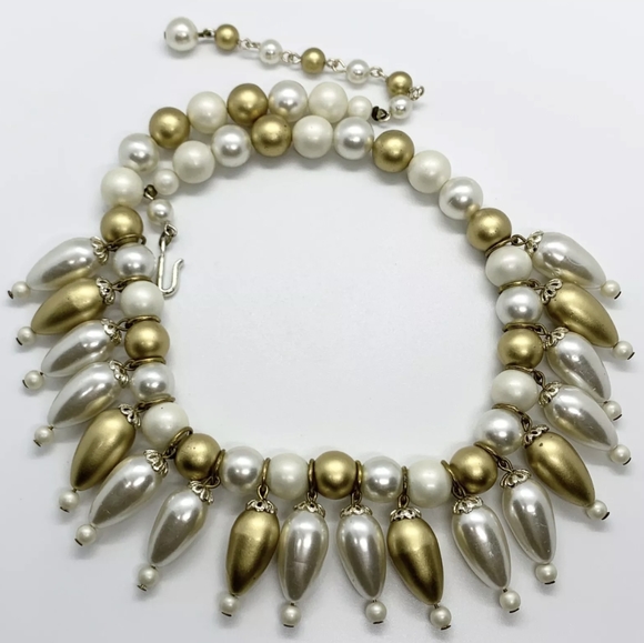 Estate Jewelry - VTG JAPAN SIGNED GOLD TONE & FAUX PEARL HEAVYWEIGHT NECKLACE